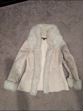 Rampage Cream Faux-Shearling Trench Coat with Fur Trim